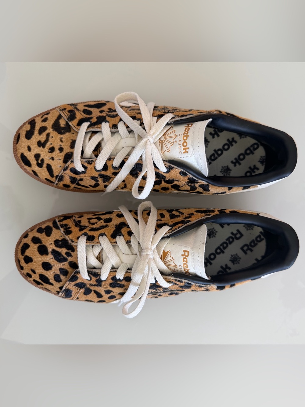Reebok Leopard Print Sneakers in Brown, Black & Cream Hair size 10
